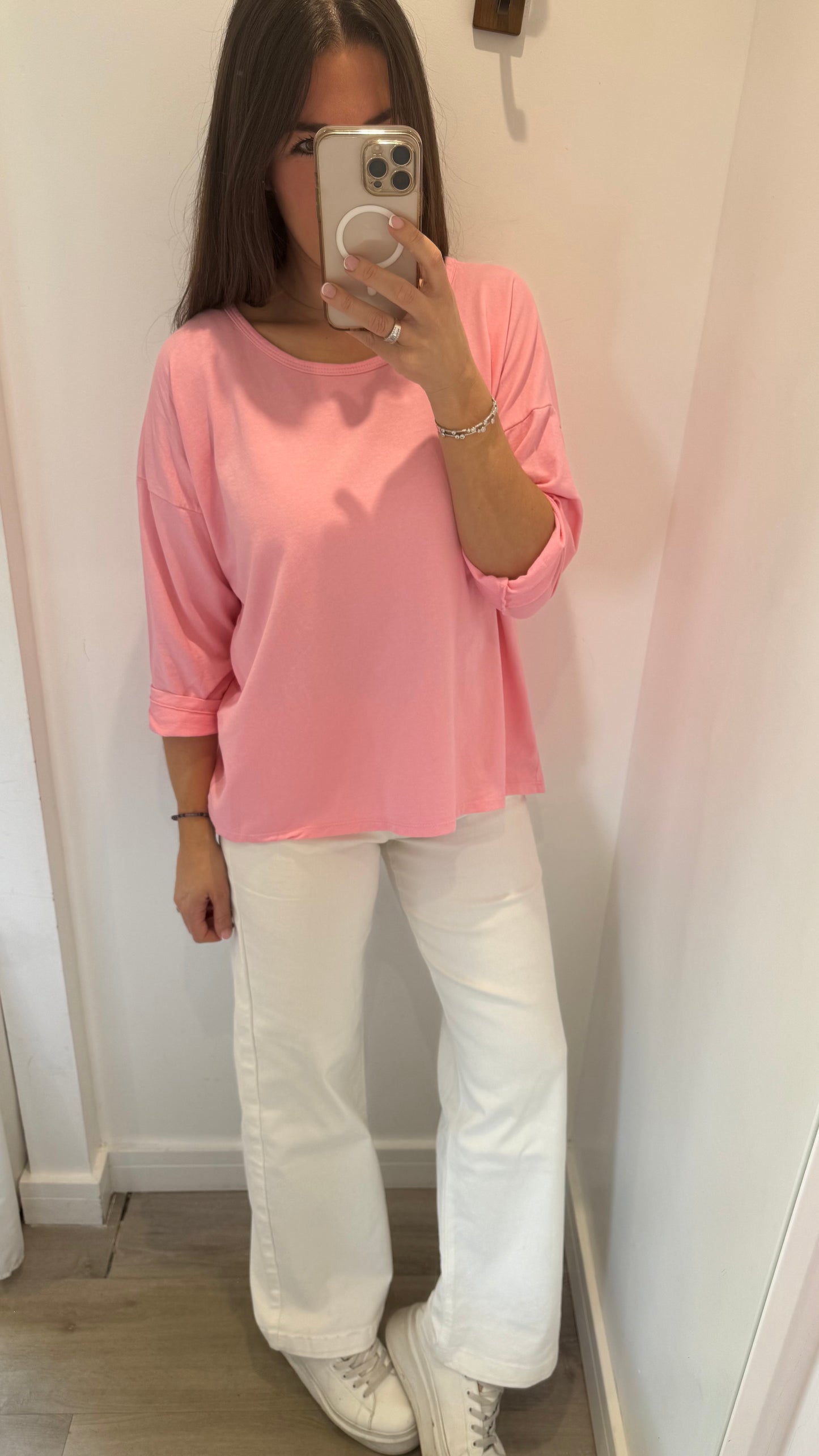 CANDY PINK ROLL SLEEVE SWEAT