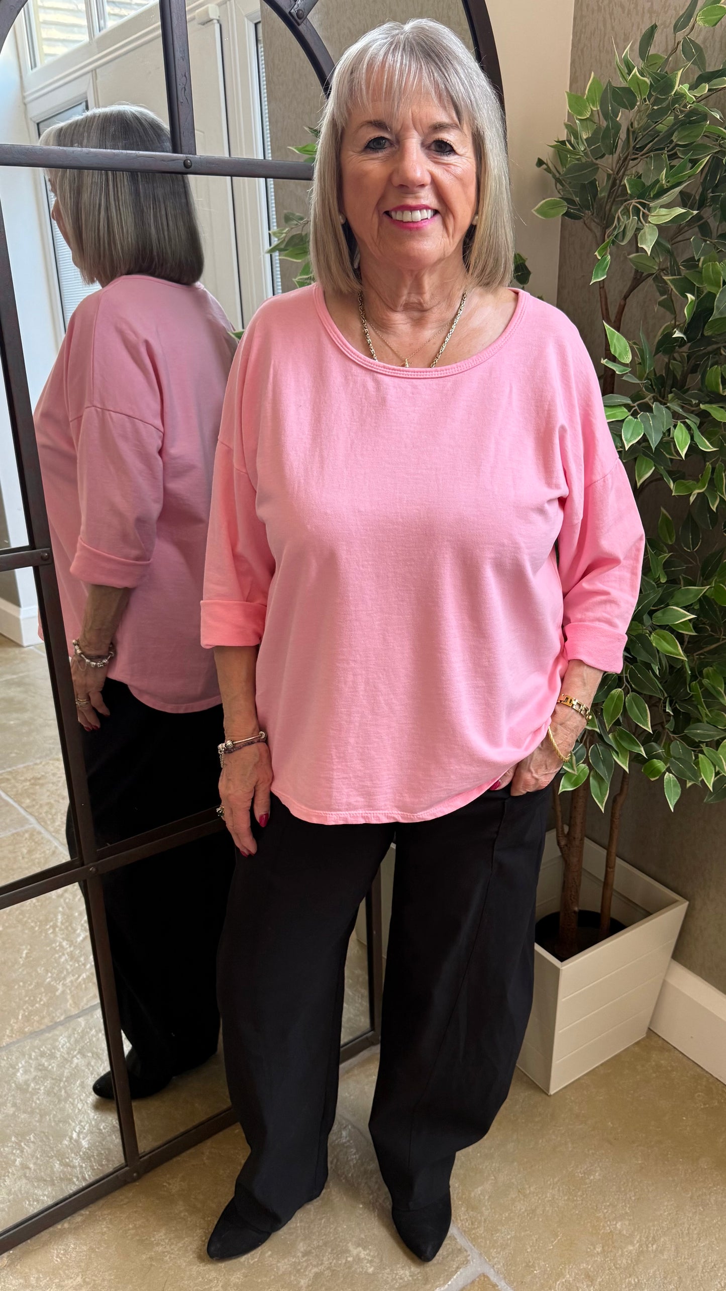 CANDY PINK ROLL SLEEVE SWEAT