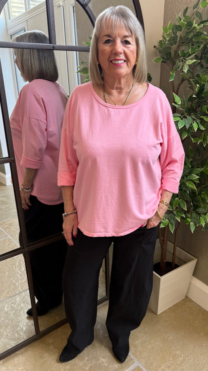 CANDY PINK ROLL SLEEVE SWEAT