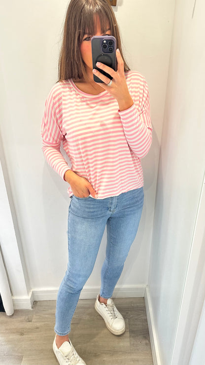 PINK AND WHITE BRETON STRIPE BATWING TOP