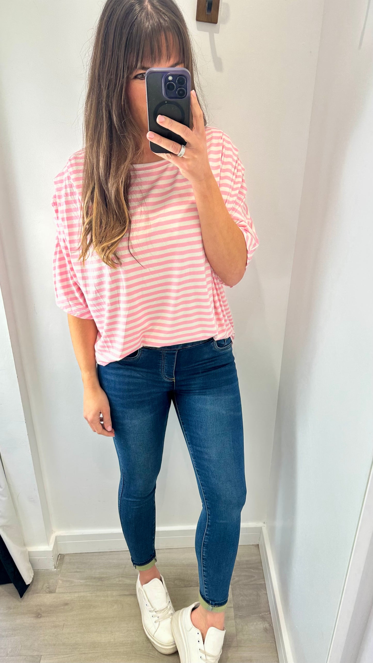 PINK AND WHITE STRIPED BATWING PLEATED SHOULDER TOP
