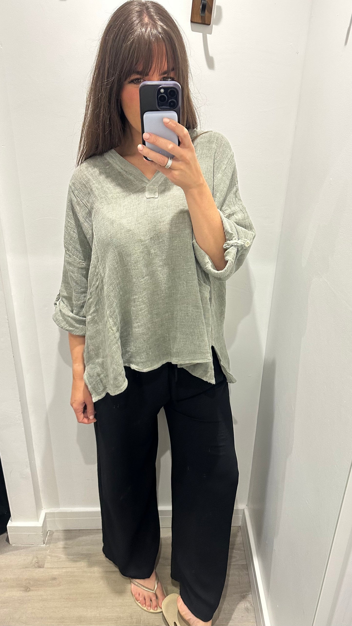 KHAKI LINEN MIX V NECK TEABAG TOP