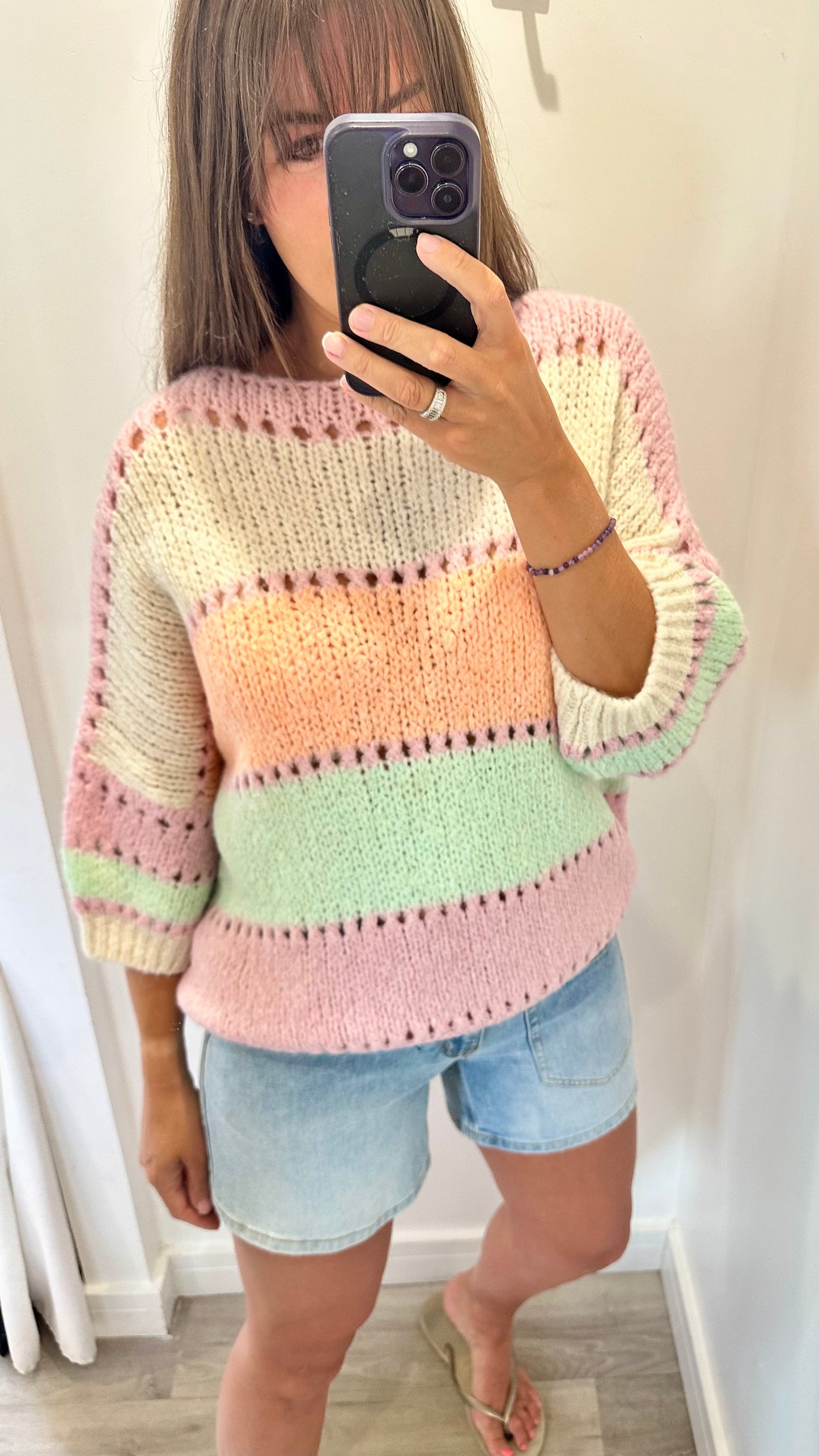 PASTEL COLOUR BLOCK CROCHET STYLE KNIT JUMPER
