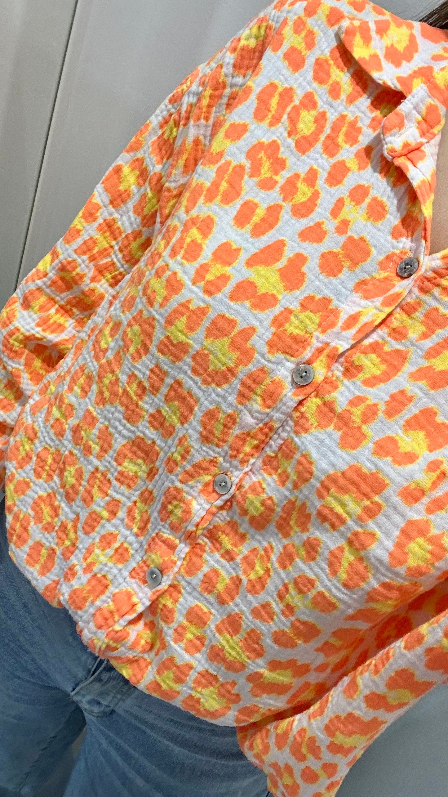 ORANGE, YELLOW, AND WHITE NEON LEOPARD CHESSECLOTH SHIRT