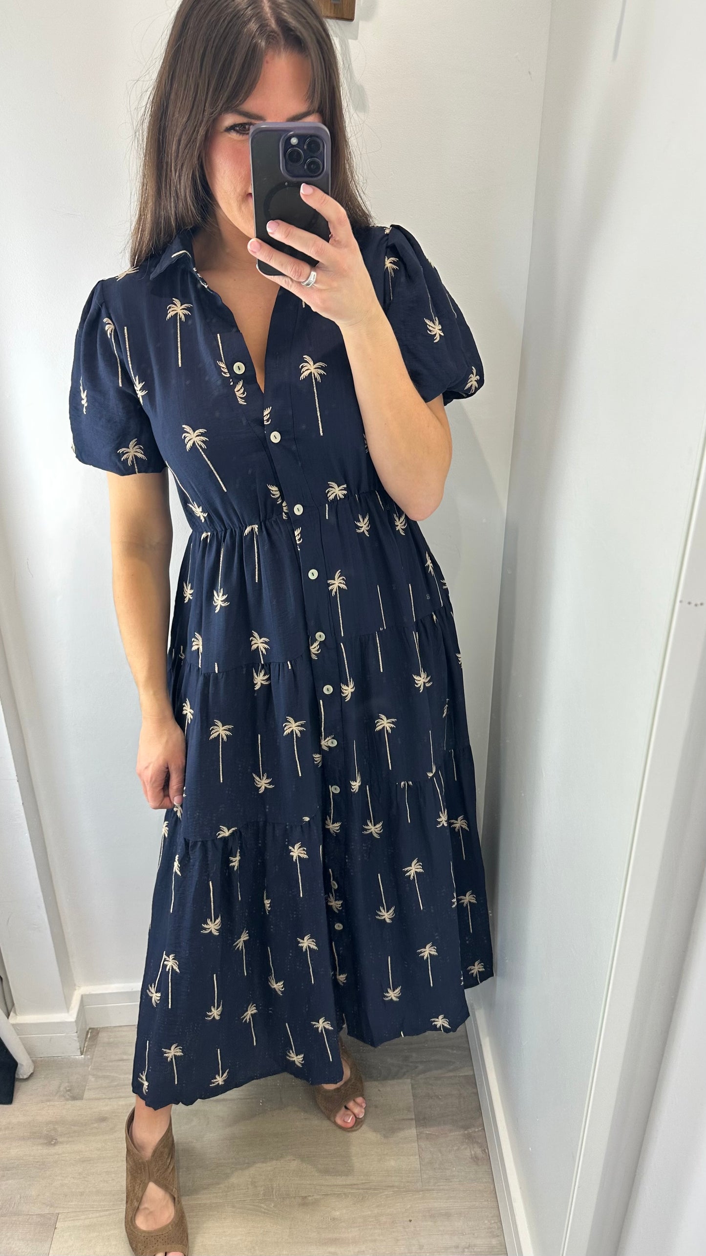 NAVY AND TAN PALM PRINT DRESS