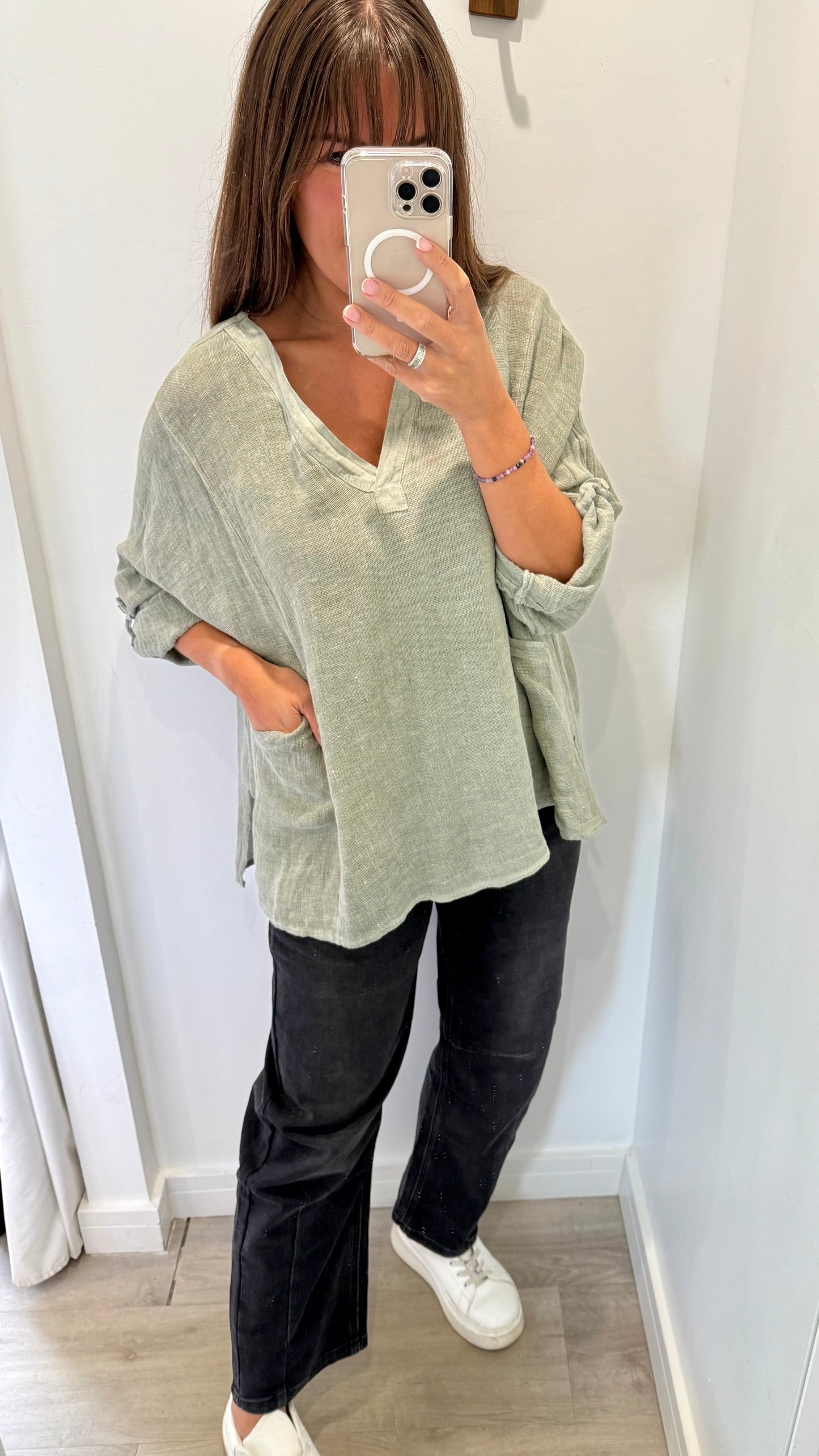 KHAKI LINEN MIX V NECK TEABAG TOP