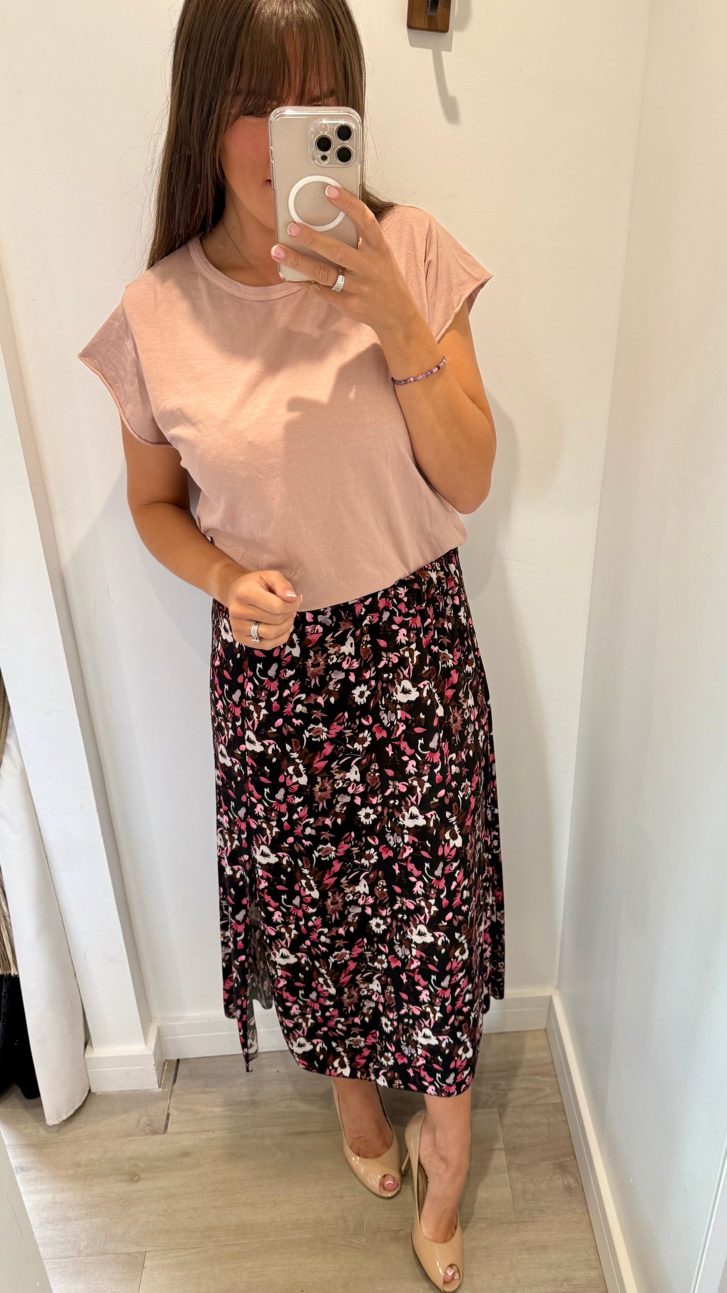 FLORAL PRINT MIDI SKIRT - BLACK WITH BLUSH AND NUDE