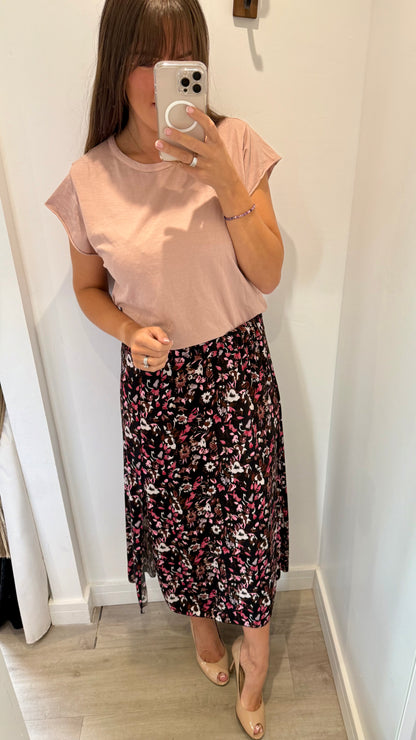 FLORAL PRINT MIDI SKIRT - BLACK WITH BLUSH AND NUDE