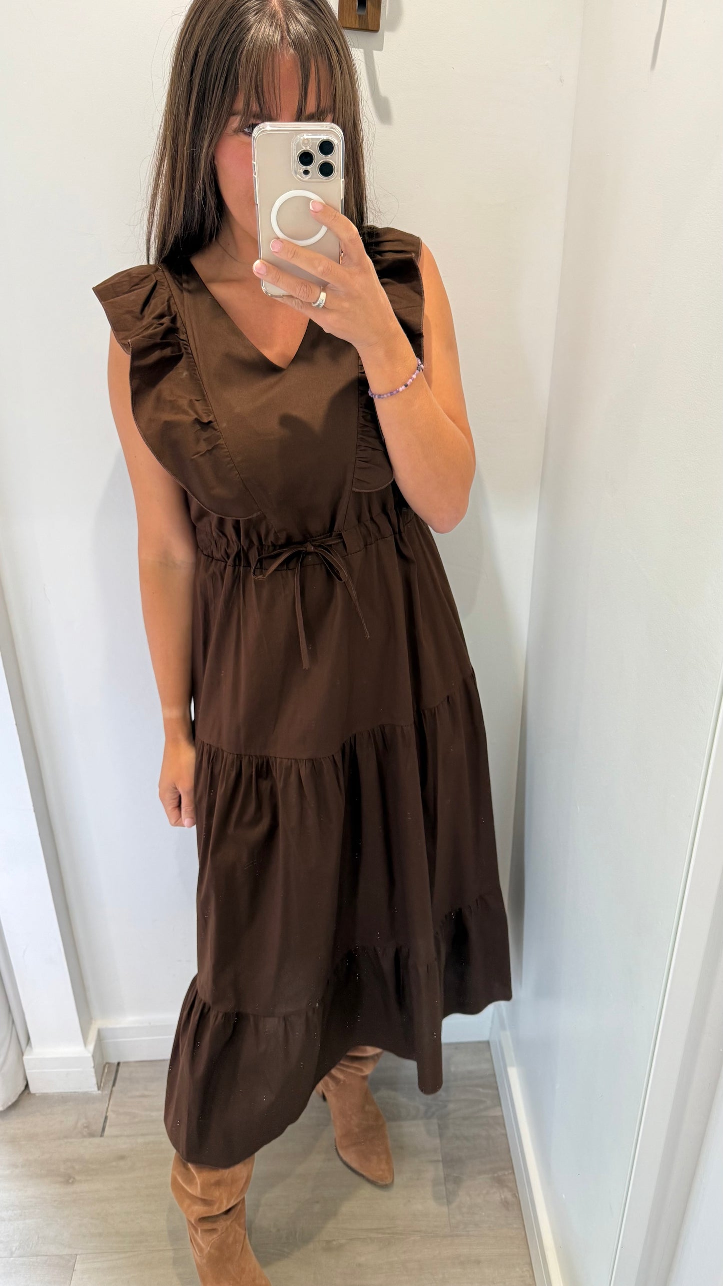 BROWN JET TIERED COTTON MAXI DRESS