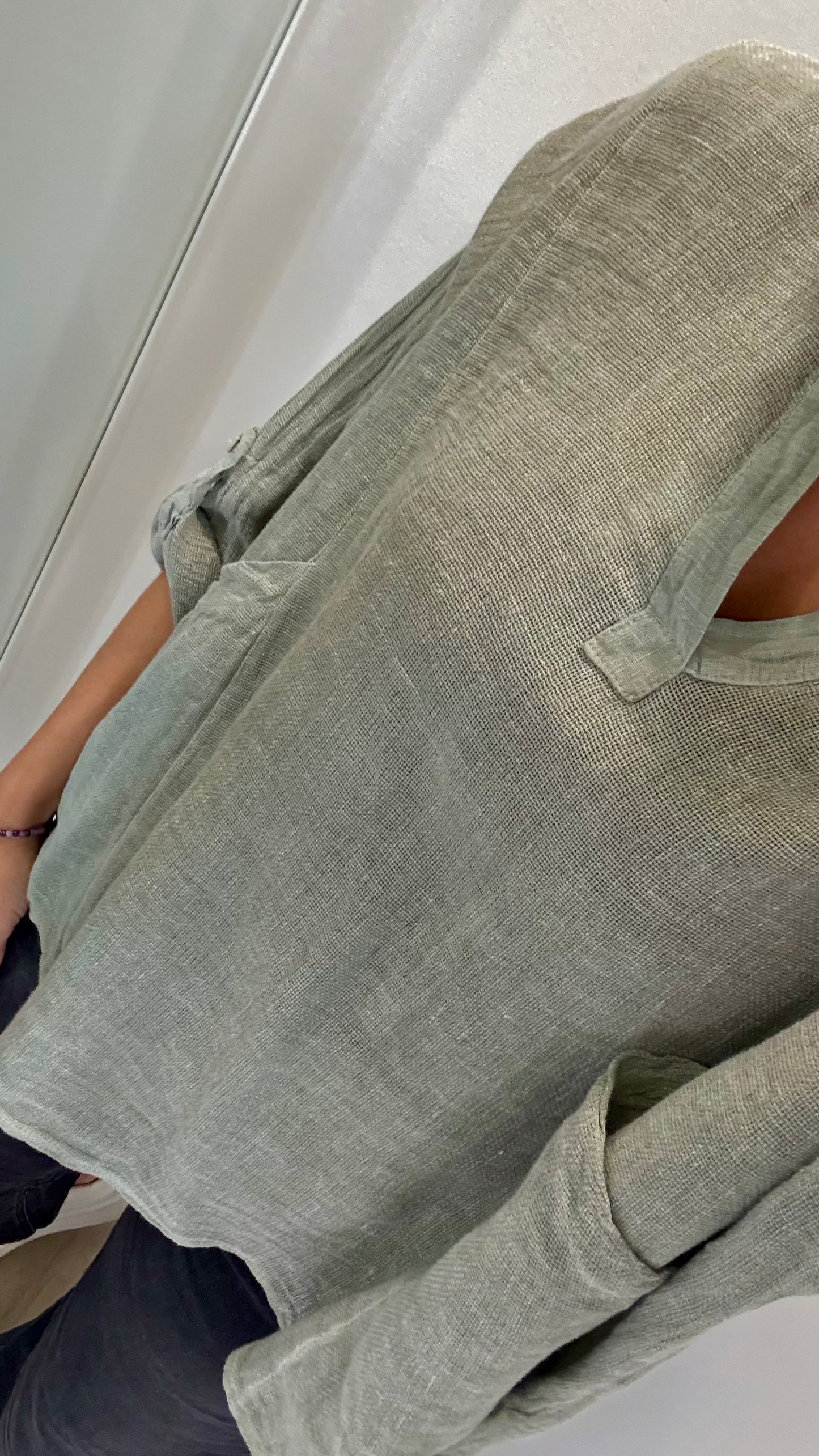 KHAKI LINEN MIX V NECK TEABAG TOP