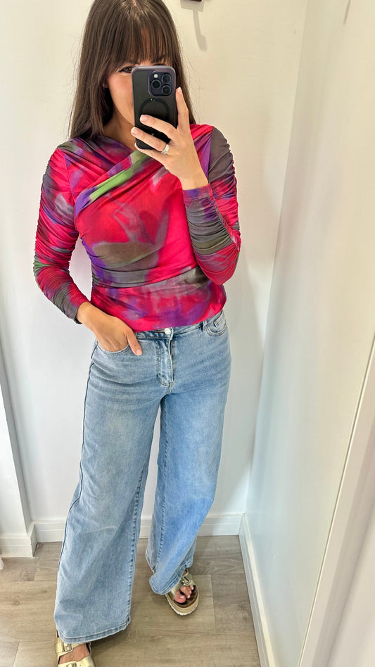 PINK AND GREEN RUCHED V NECK TIE DYE TOP