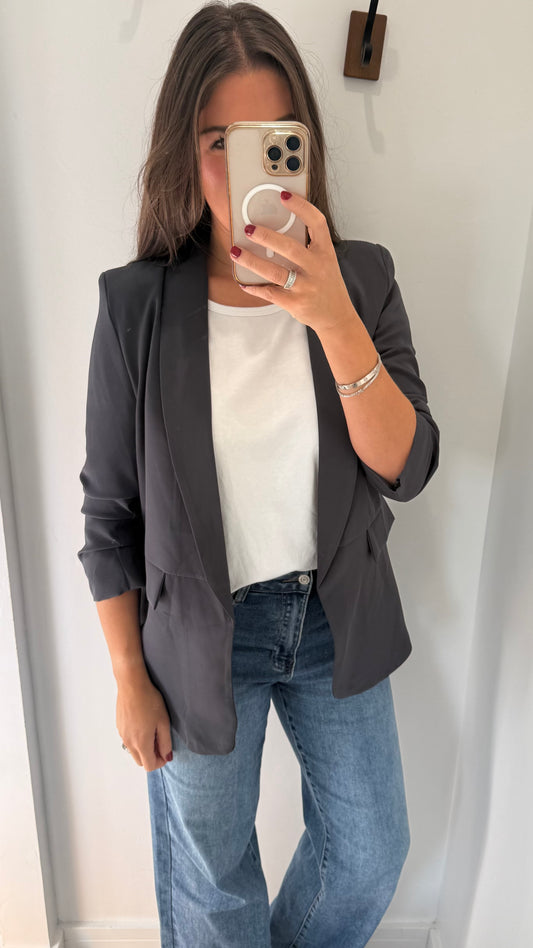 CHARCOAL GREY RUCHED SLEEVE BLAZER