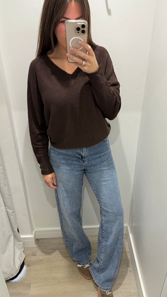 CHOCOLATE BROWN BATWING V-NECK JUMPER (FRONT AND BACK V)