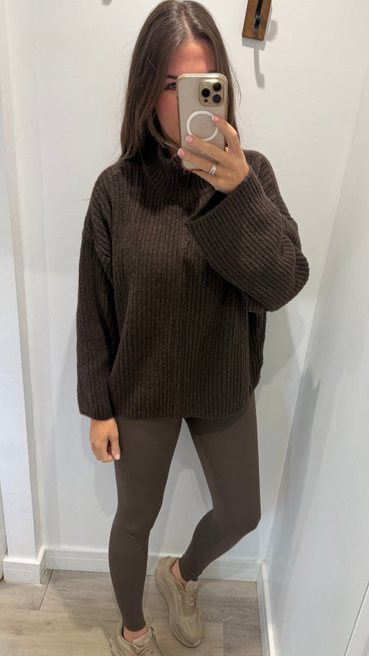 CHOCOLATE BROWN CHUNKY ZIP THROUGH KNIT CARDIGAN