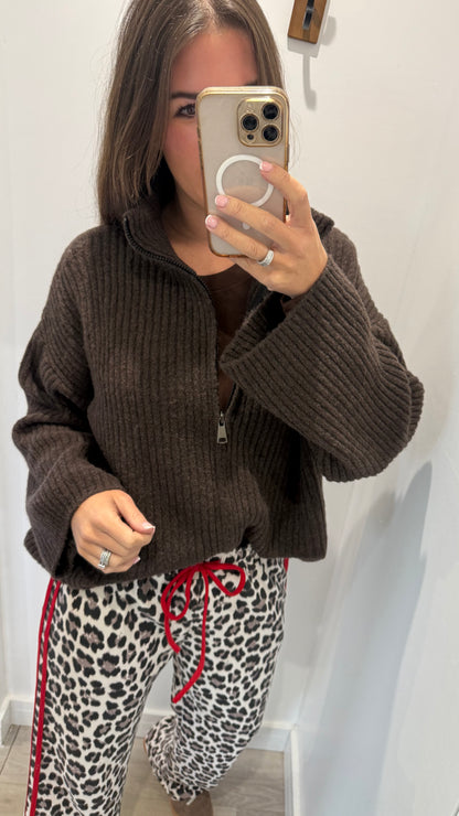 CHOCOLATE BROWN CHUNKY ZIP THROUGH KNIT CARDIGAN