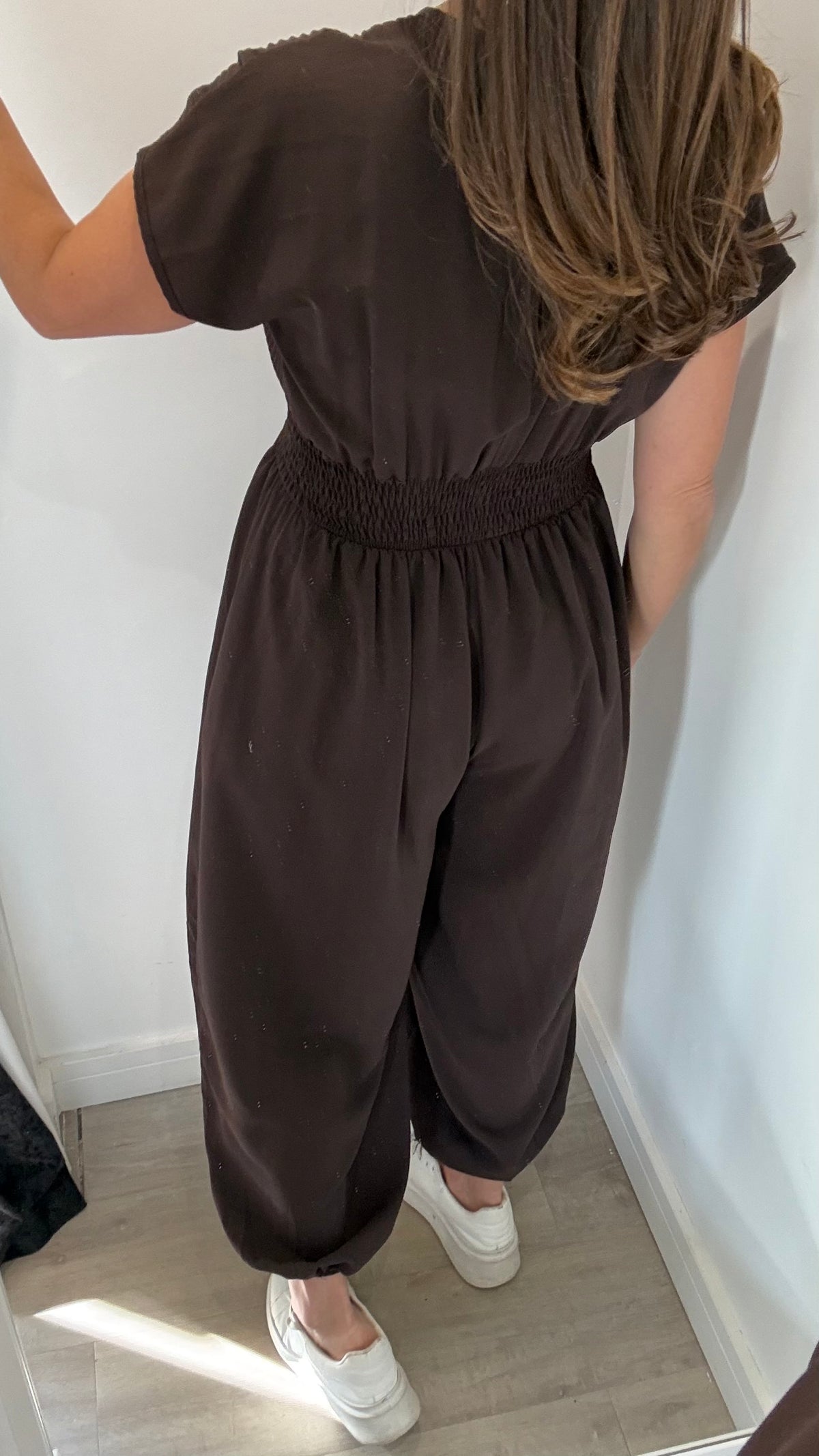 CHOCOLATE BROWN RIBBED HAREM JUMPSUIT