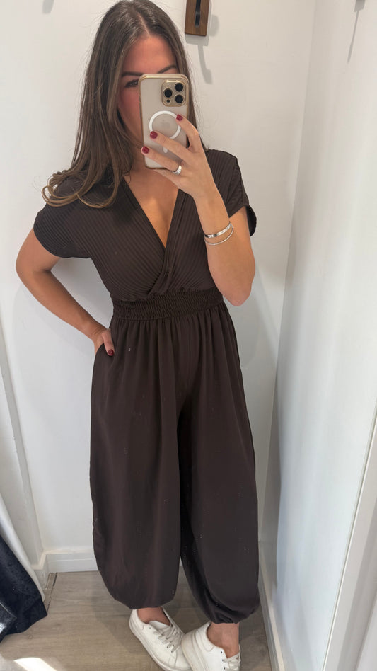CHOCOLATE BROWN RIBBED HAREM JUMPSUIT