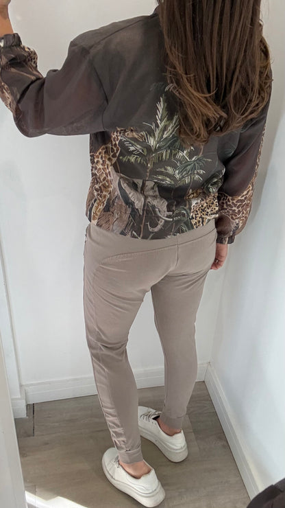CHOCOLATE BROWN SAFARI PRINT SILKY BOMBER JACKET