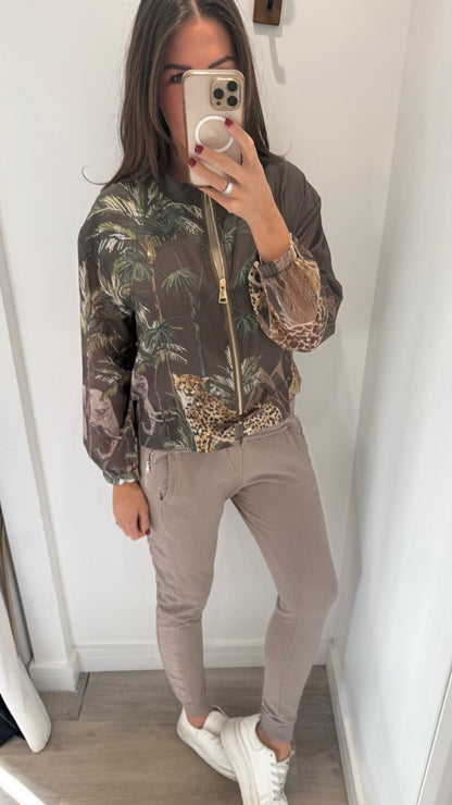 CHOCOLATE BROWN SAFARI PRINT SILKY BOMBER JACKET