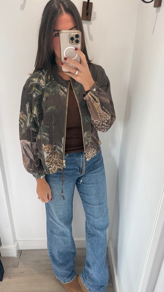 CHOCOLATE BROWN SAFARI PRINT SILKY BOMBER JACKET