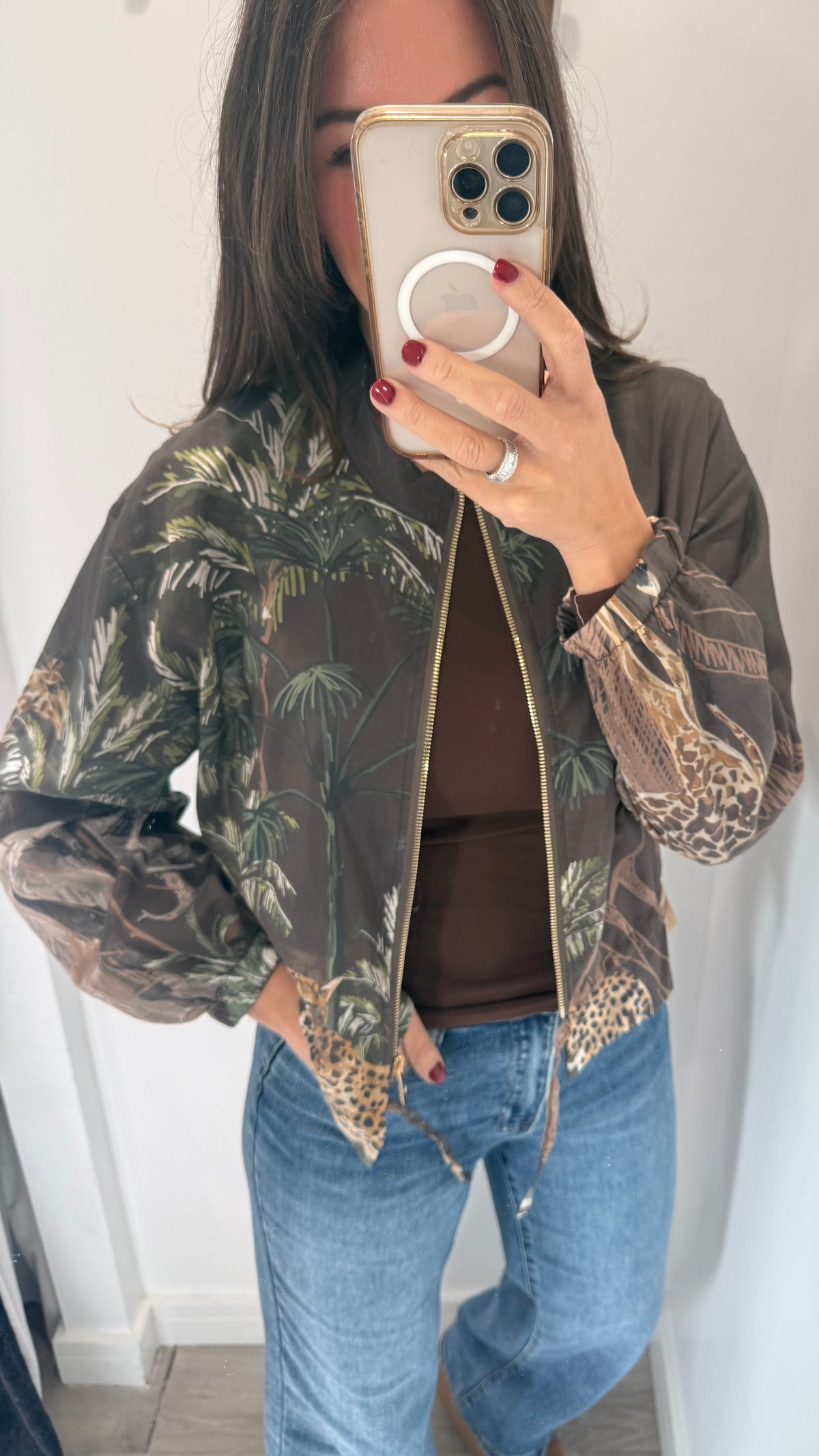 CHOCOLATE BROWN SAFARI PRINT SILKY BOMBER JACKET