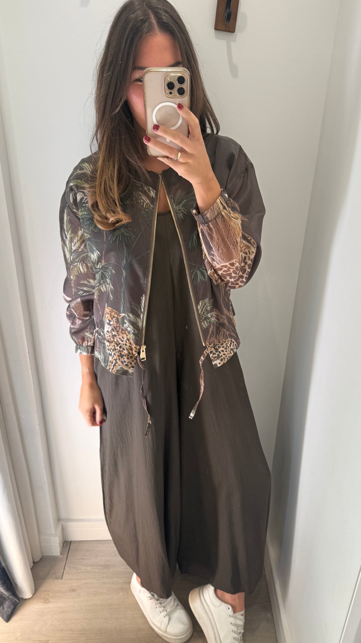 CHOCOLATE BROWN SAFARI PRINT SILKY BOMBER JACKET