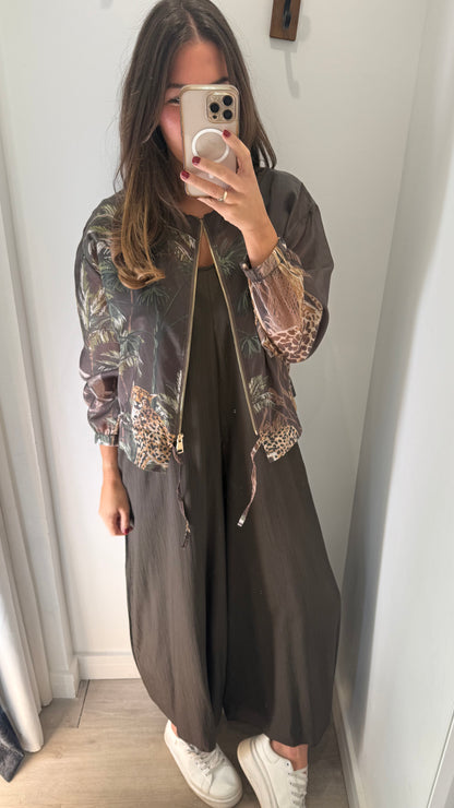 CHOCOLATE BROWN SAFARI PRINT SILKY BOMBER JACKET