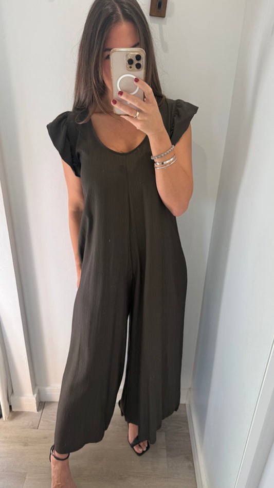 CHOCOLATE FRILL SLEEVE TIE-BACK JUMPSUIT