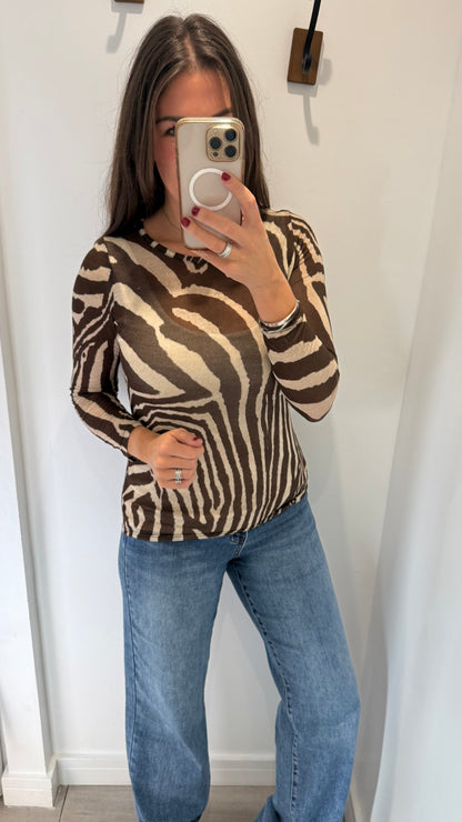 CHOCOLATE & NUDE ZEBRA PRINT CASHMERE MIX TOP