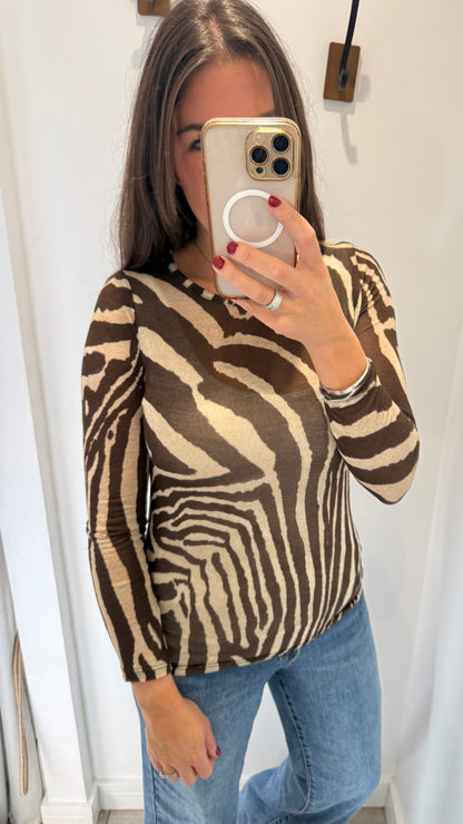 CHOCOLATE & NUDE ZEBRA PRINT CASHMERE MIX TOP