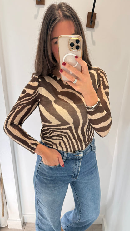 CHOCOLATE & NUDE ZEBRA PRINT CASHMERE MIX TOP