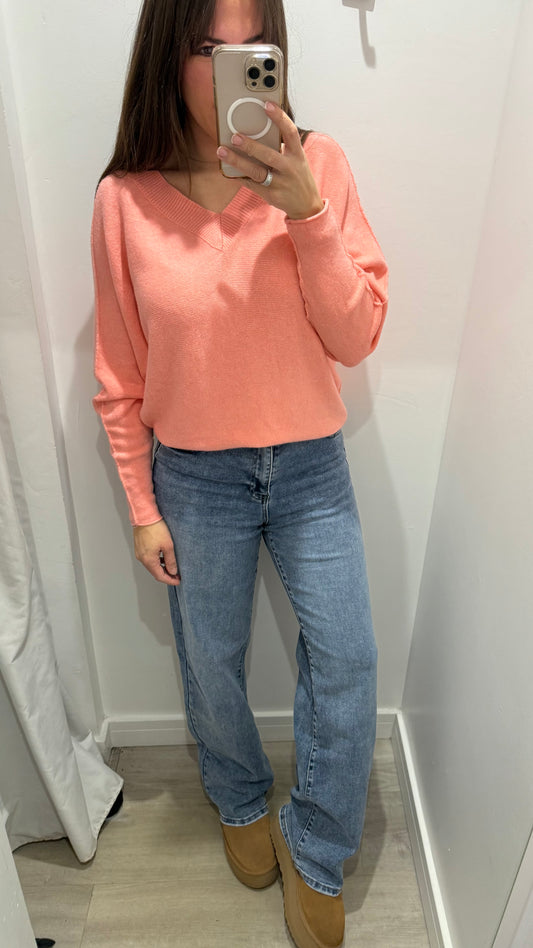 CORAL BATWING V-NECK JUMPER (FRONT AND BACK V)