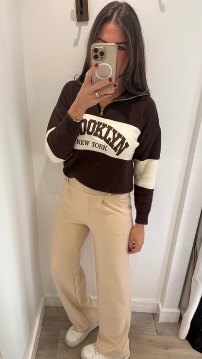 CREAM TAILORED STRETCHY SMART PULL-ON TROUSERS