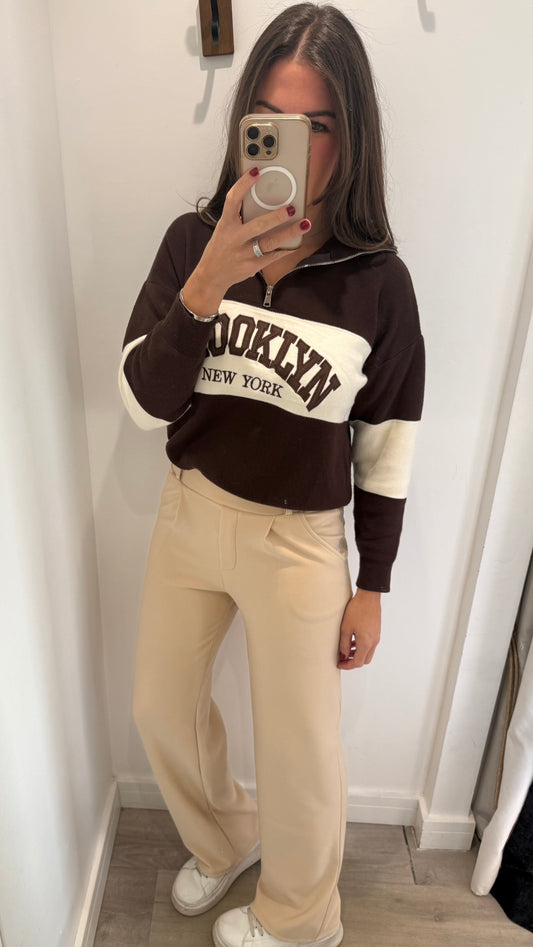 CREAM TAILORED STRETCHY SMART PULL-ON TROUSERS