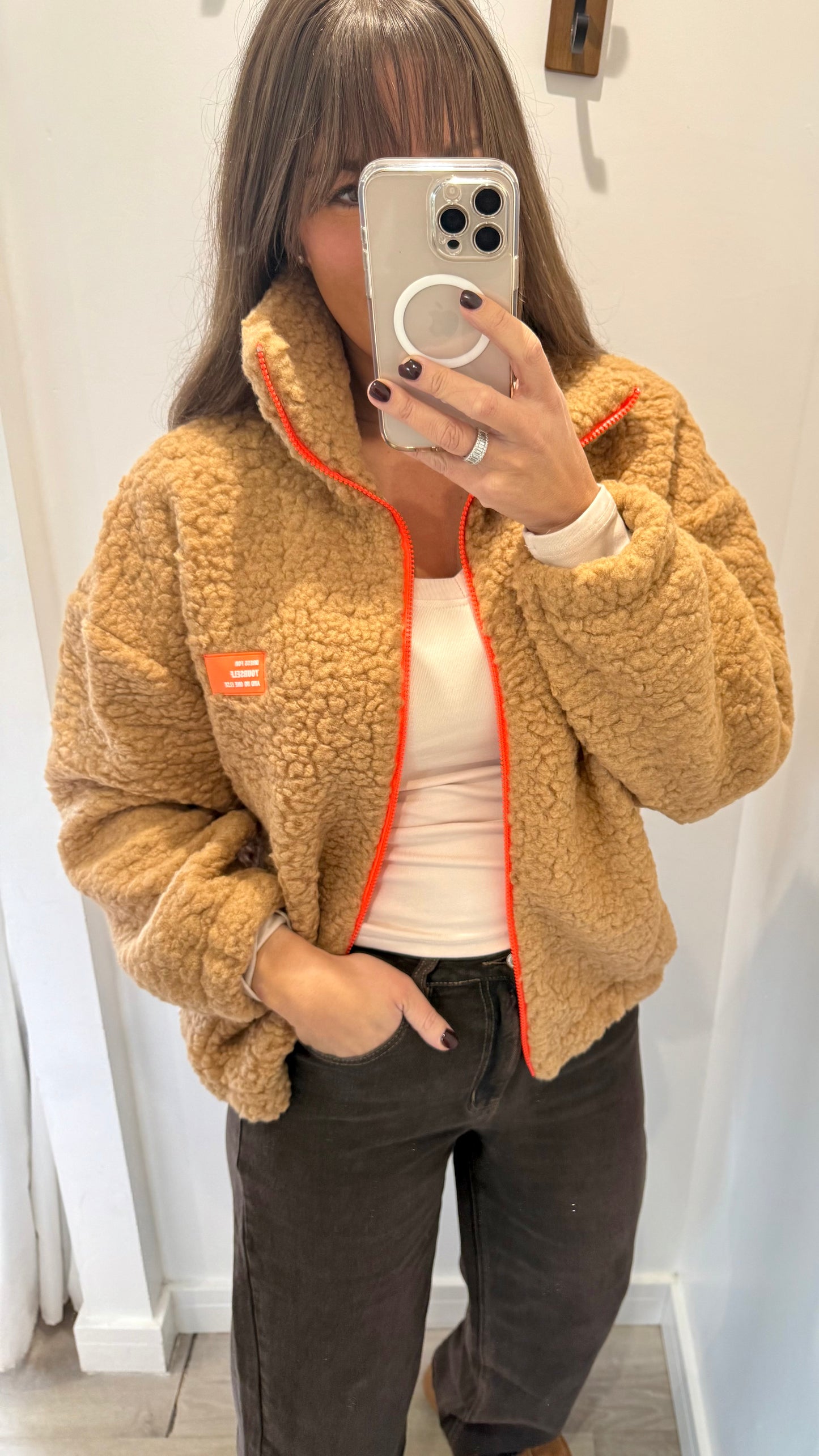 CAMEL BORG FLEECE JACKET WITH ORANGE ZIP
