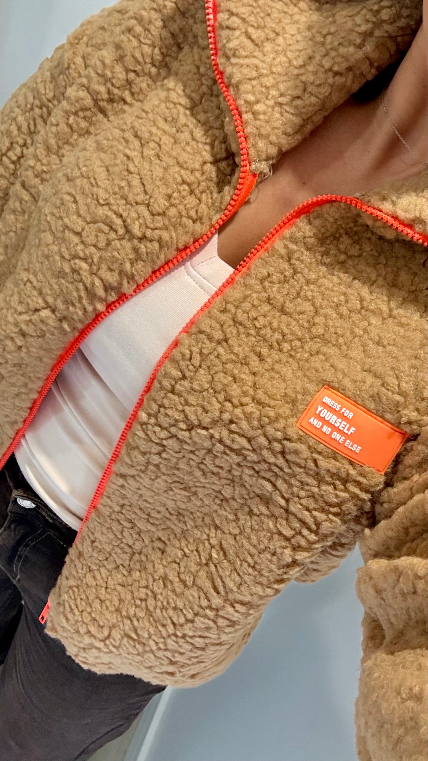 CAMEL BORG FLEECE JACKET WITH ORANGE ZIP