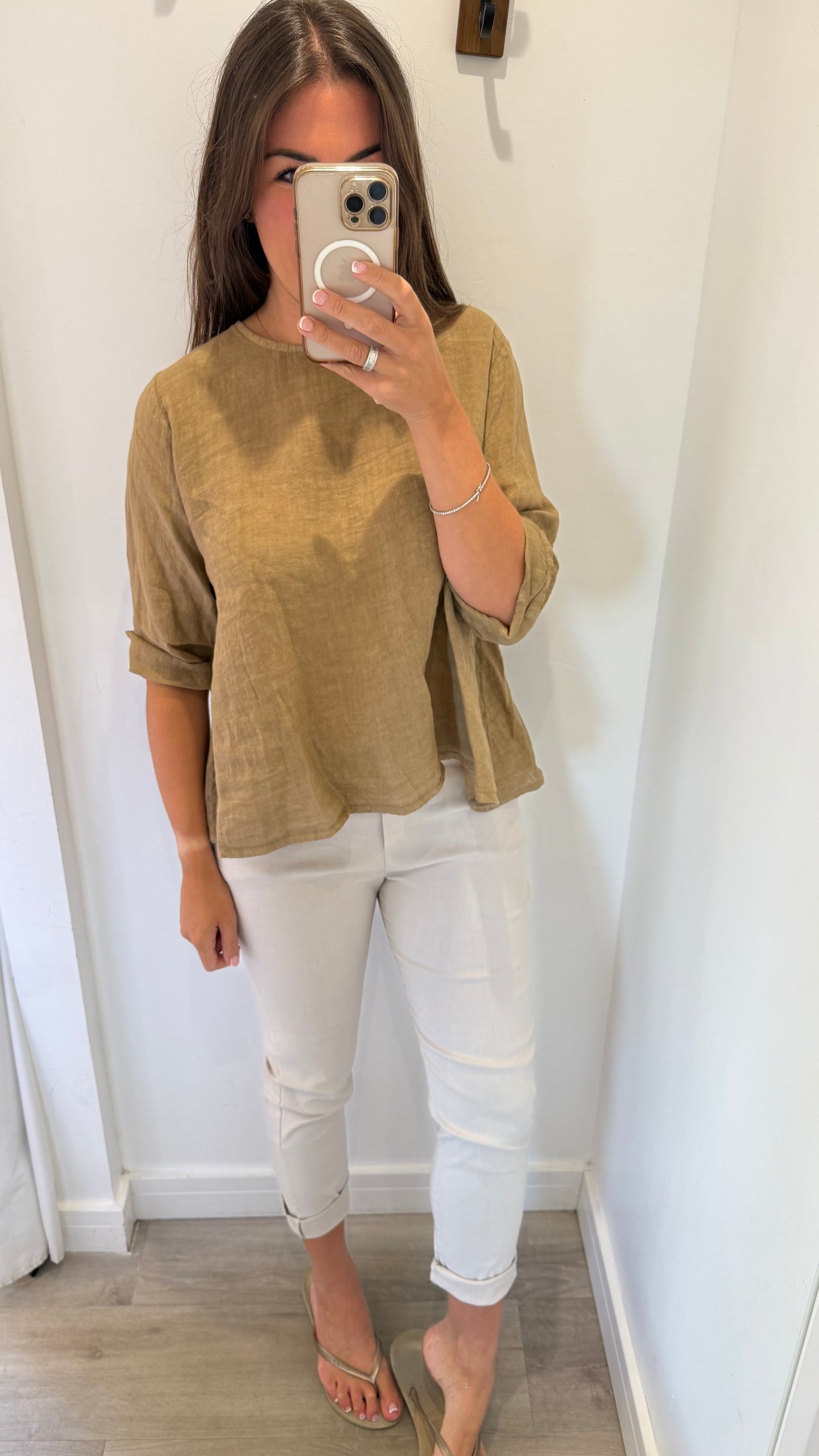LINEN BUTTON BACK FLOATY TOP – WARM CAMEL