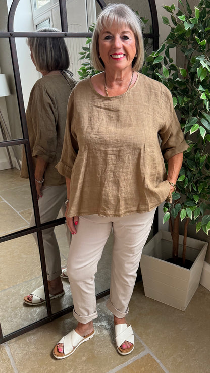 LINEN BUTTON BACK FLOATY TOP – WARM CAMEL