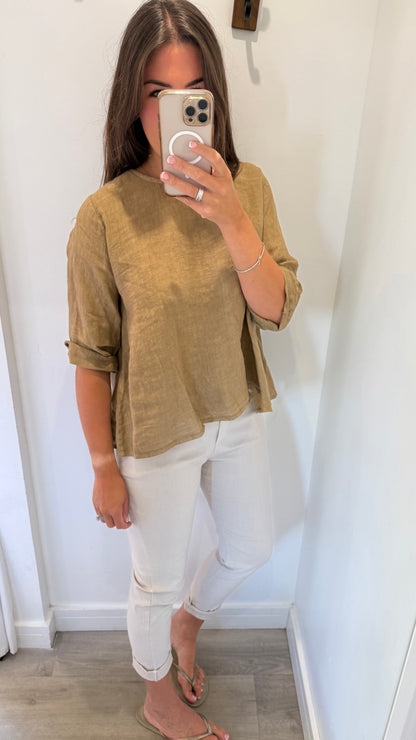LINEN BUTTON BACK FLOATY TOP – WARM CAMEL