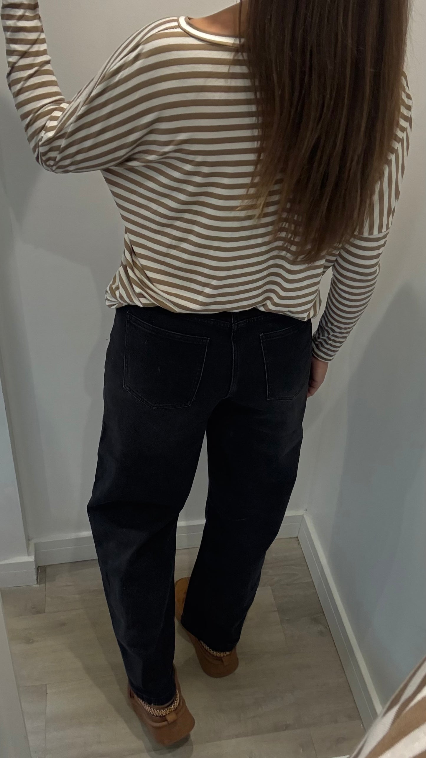 CAMEL AND WHITE BRETON STRIPE BATWING TOP