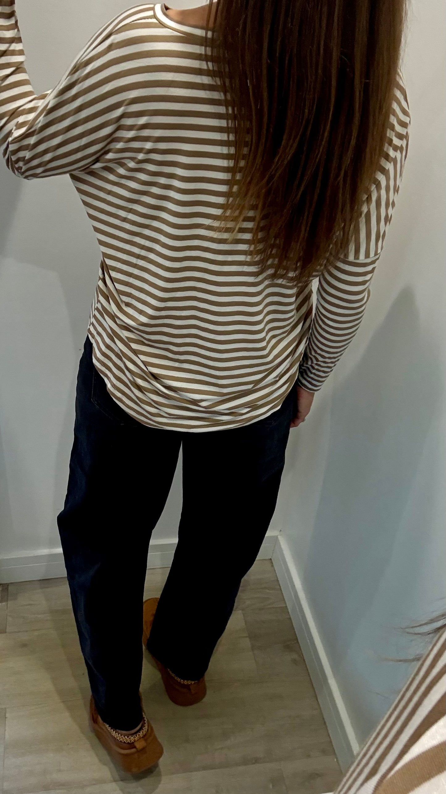 CAMEL AND WHITE BRETON STRIPE BATWING TOP