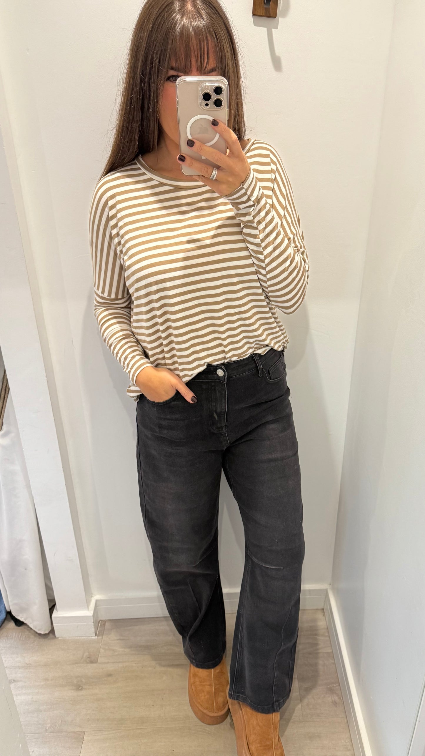 CAMEL AND WHITE BRETON STRIPE BATWING TOP