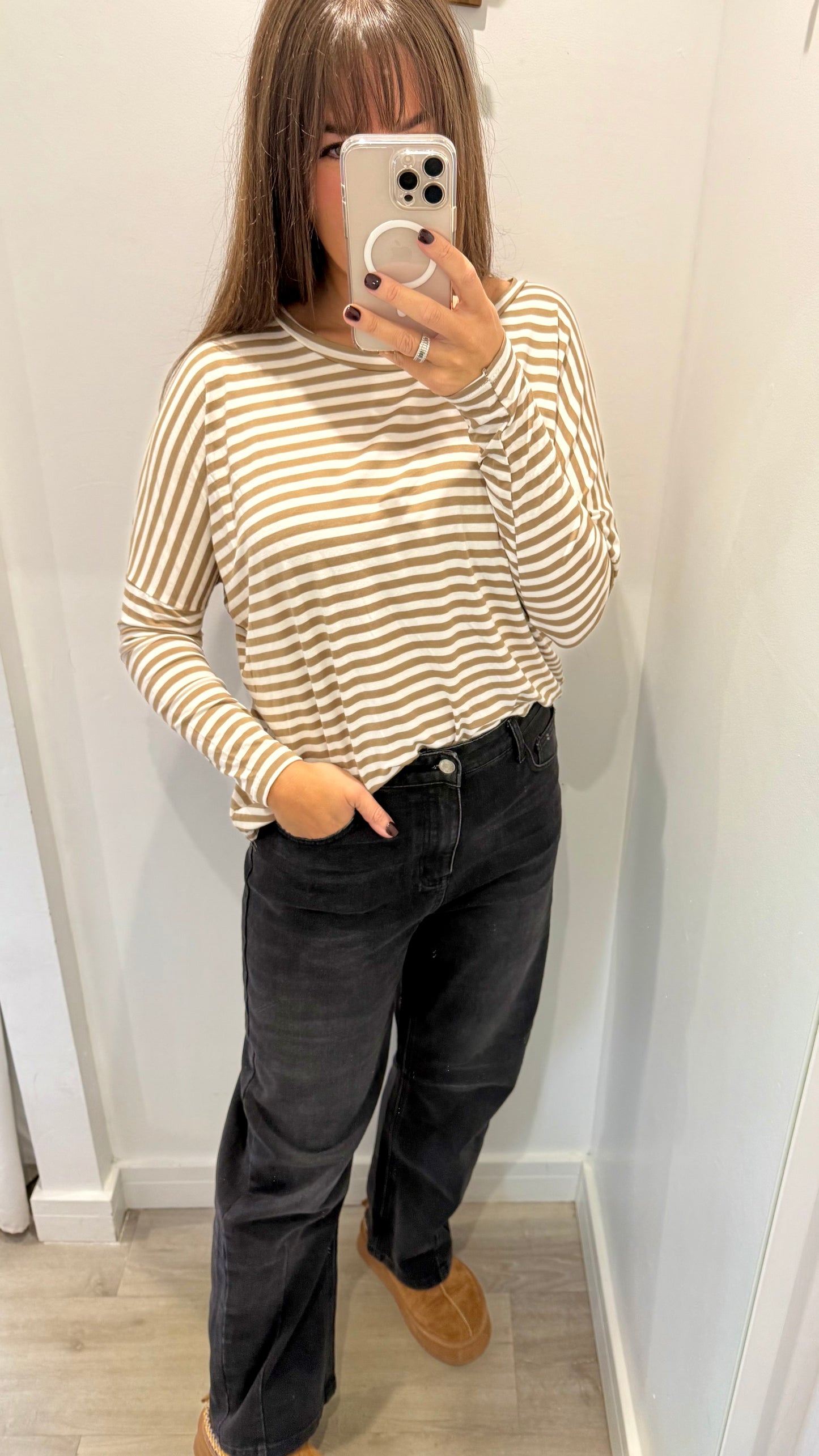 CAMEL AND WHITE BRETON STRIPE BATWING TOP