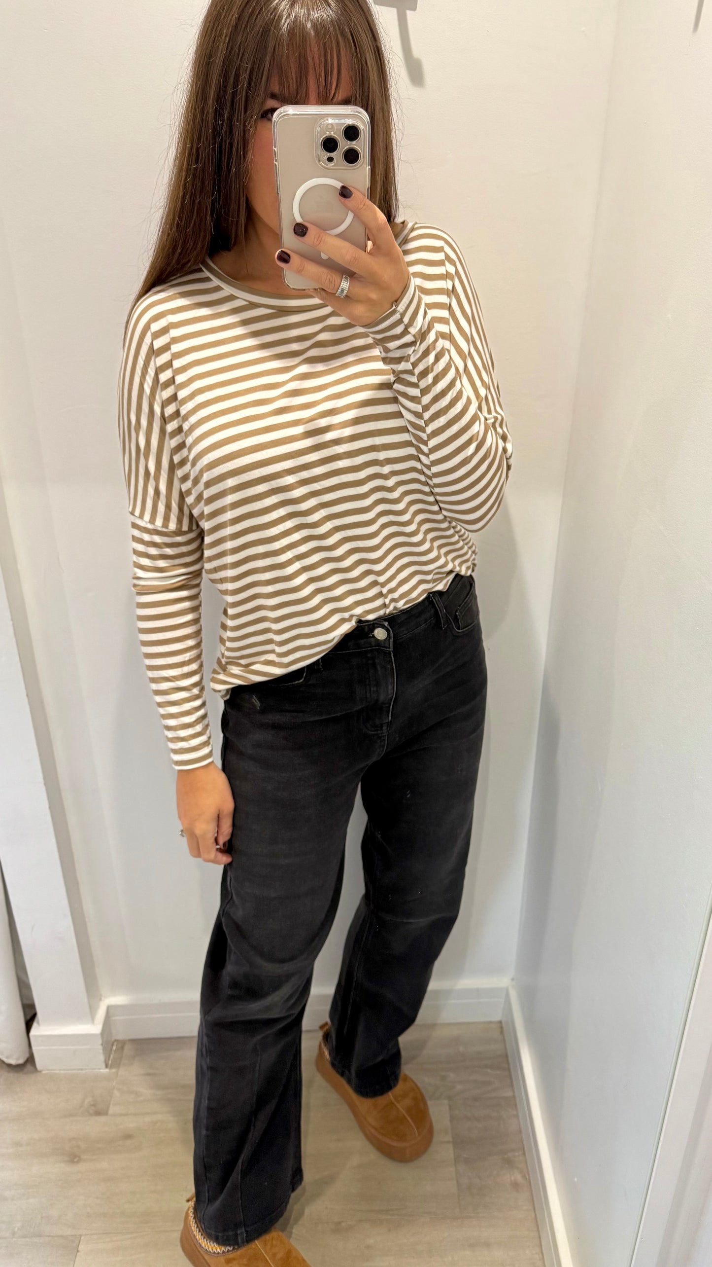 CAMEL AND WHITE BRETON STRIPE BATWING TOP