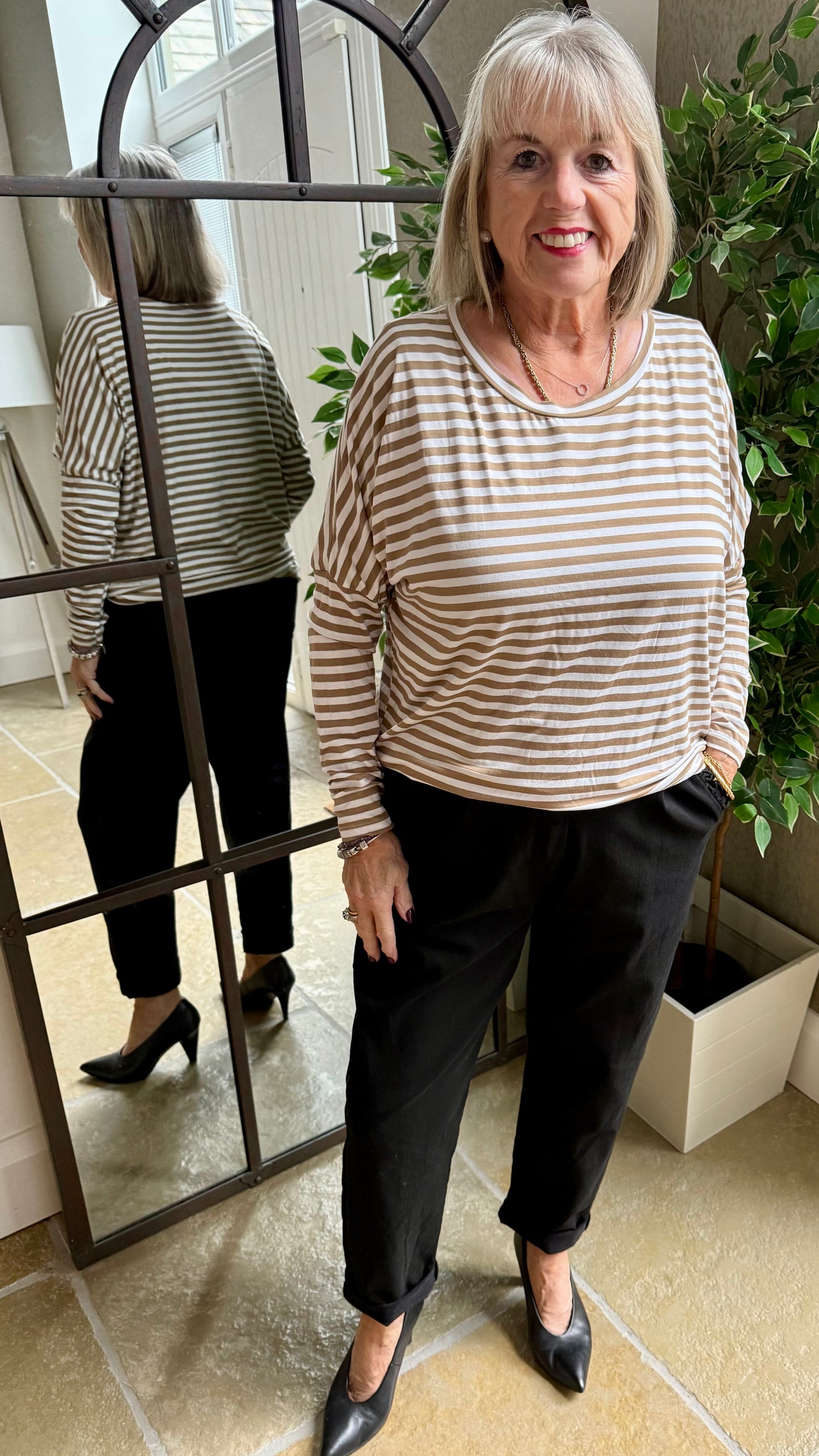 CAMEL AND WHITE BRETON STRIPE BATWING TOP