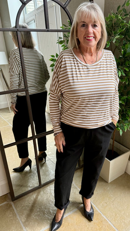 CAMEL AND WHITE BRETON STRIPE BATWING TOP