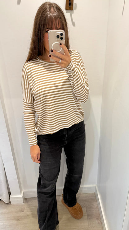 CAMEL AND WHITE BRETON STRIPE BATWING TOP