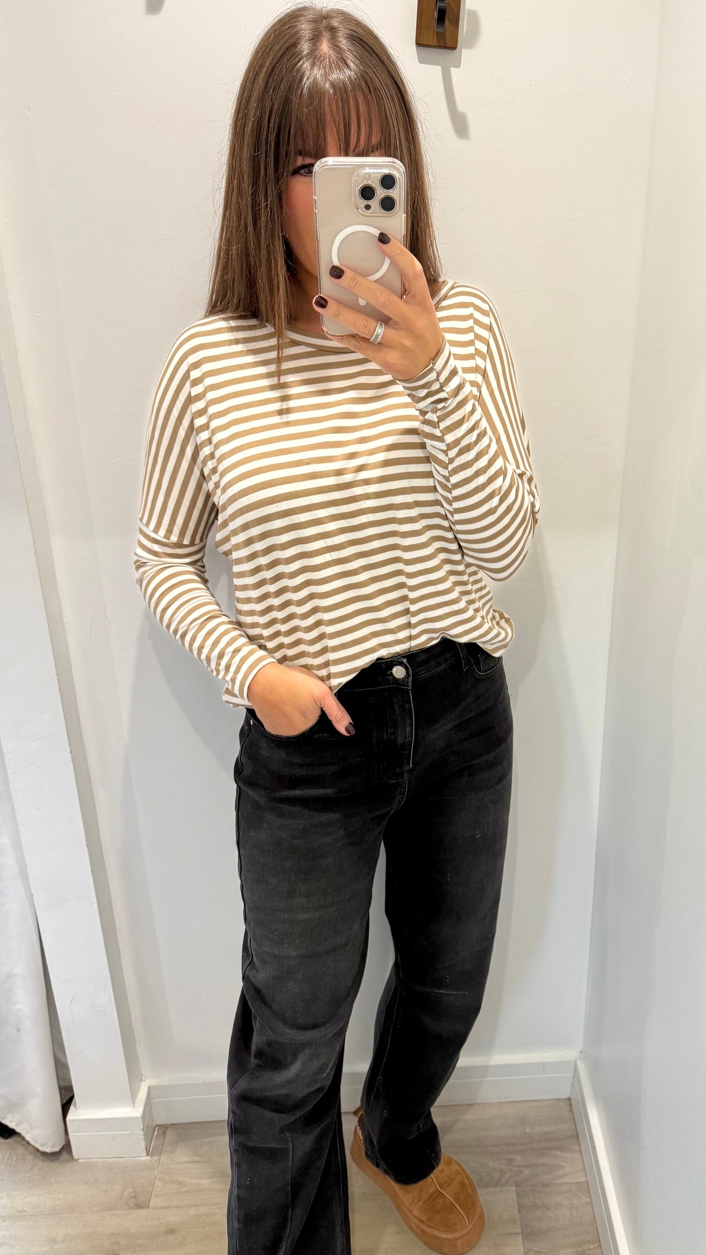 CAMEL AND WHITE BRETON STRIPE BATWING TOP