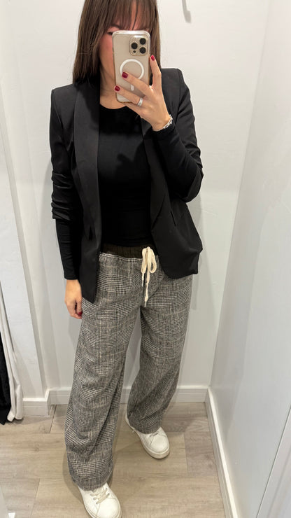 CHECKED WIDE-LEG TROUSERS WITH CHOCOLATE WAISTBAND
