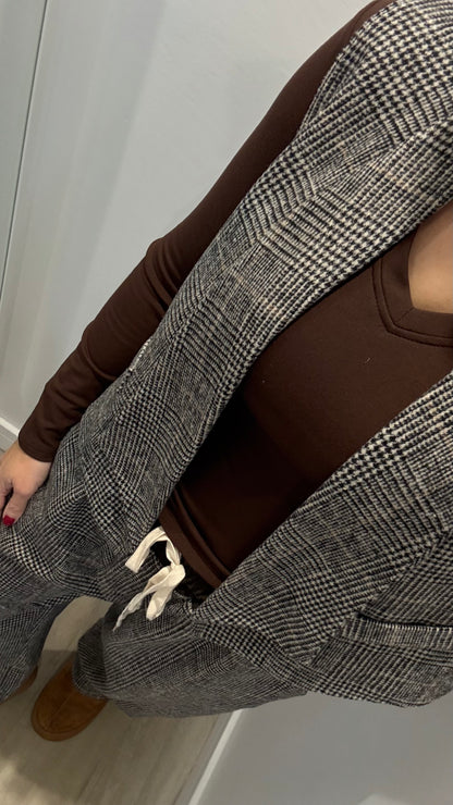CHECKED WIDE-LEG TROUSERS WITH CHOCOLATE WAISTBAND